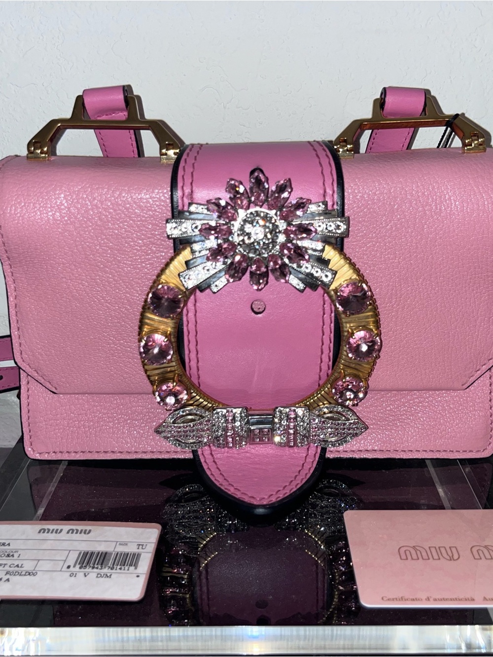 Miu Miu “Miu Lady” Pink Crystal-Embellished Mini Shoulder Bag